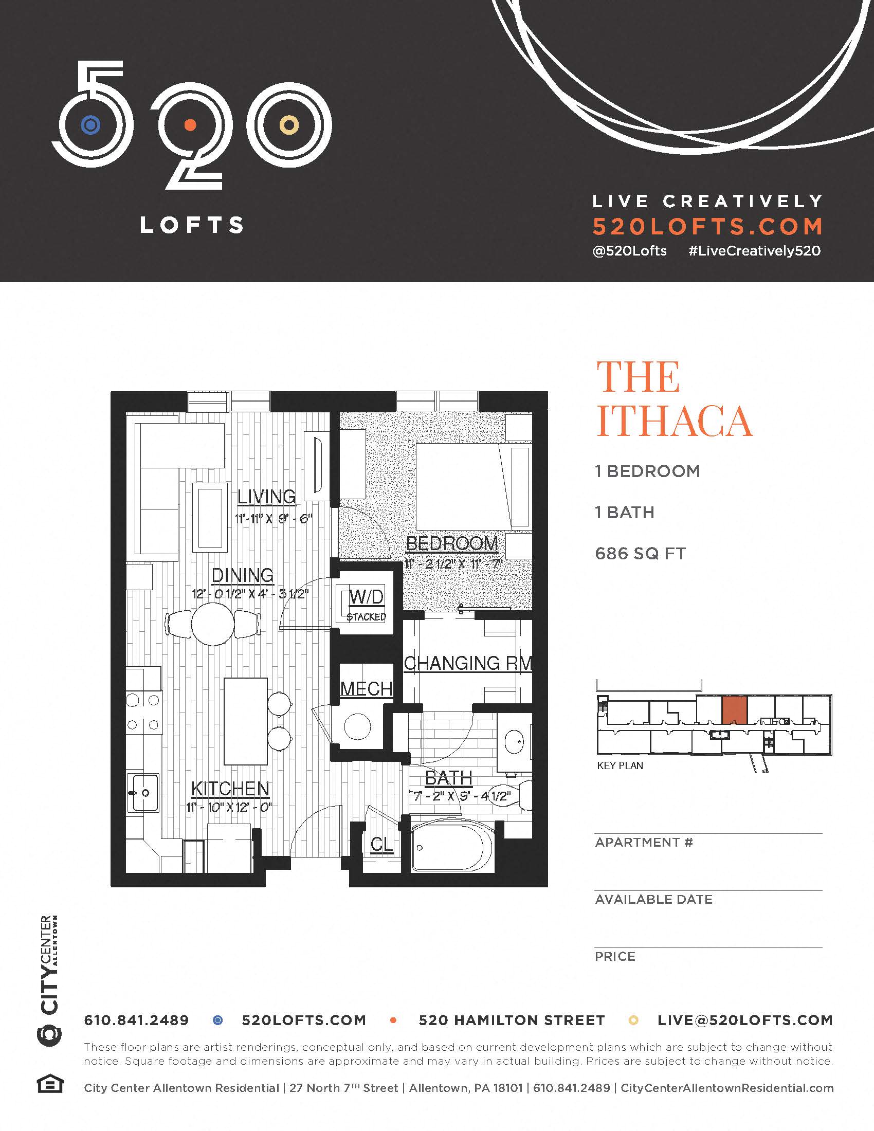 Floor plan for 1 bed, 1 bath, 686 sqft